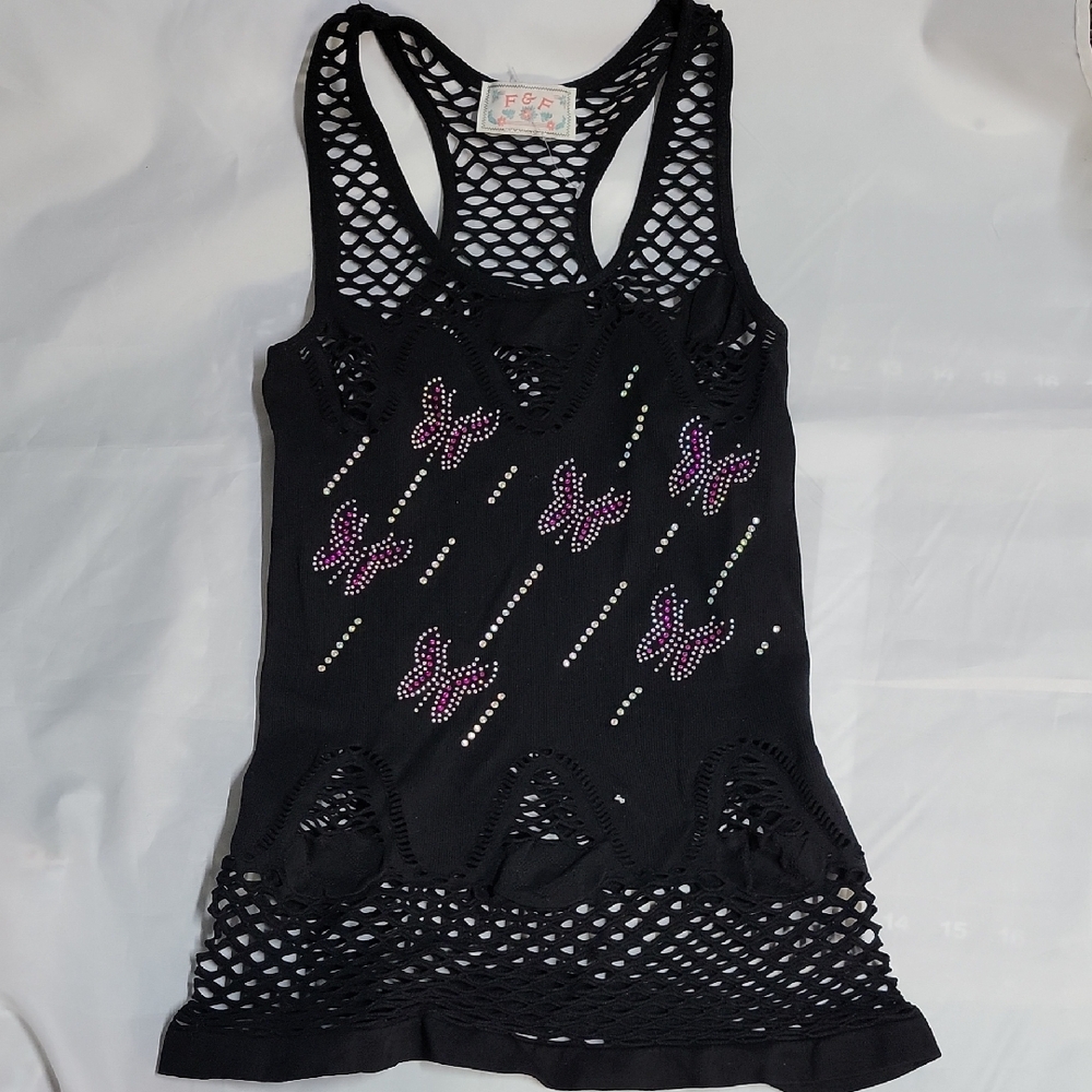 F&F Black Mesh Tank Top with Pink Butterfly Accents